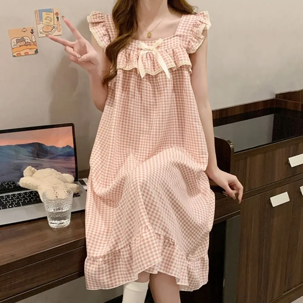 

Doll Collar Lace Ruffle Women's Grid Pajama Dress Sweet Bowknot Sleeveless Nightdress Homewear Loose Nightgowns with Pads Home