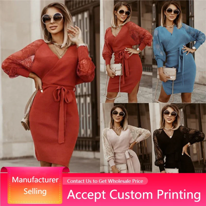 

Autumn Winter Women Sweater Pencil Dress Lace Three Quarters Sleeve Knitted V-Neck Sexy Dress Bodycon Warm Slim Mini Dress