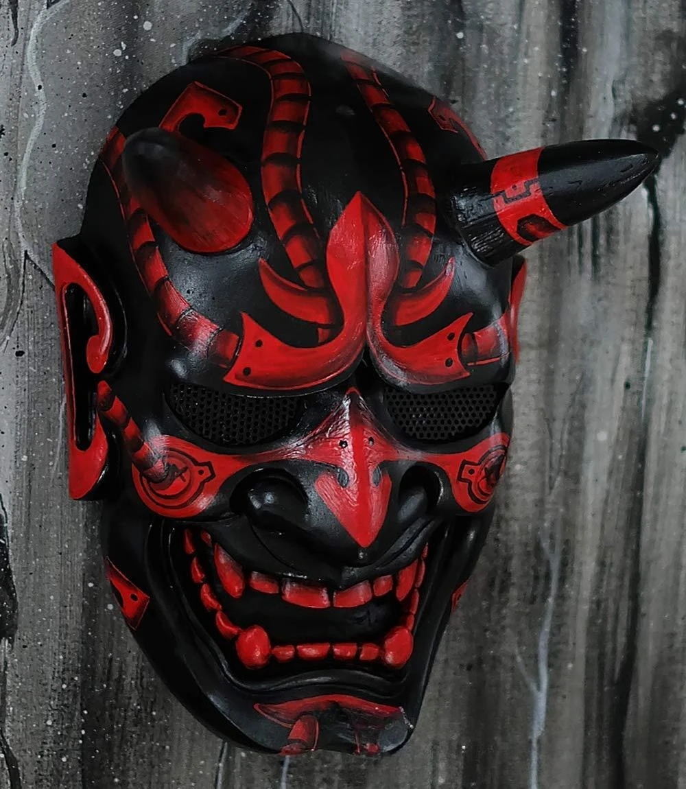 Red Latex Prajna Mask Devil Warrior Mask Cosplay Japanese Buddhist Ghosts Half Face Devil Warrior Masques Halloween Mask Props