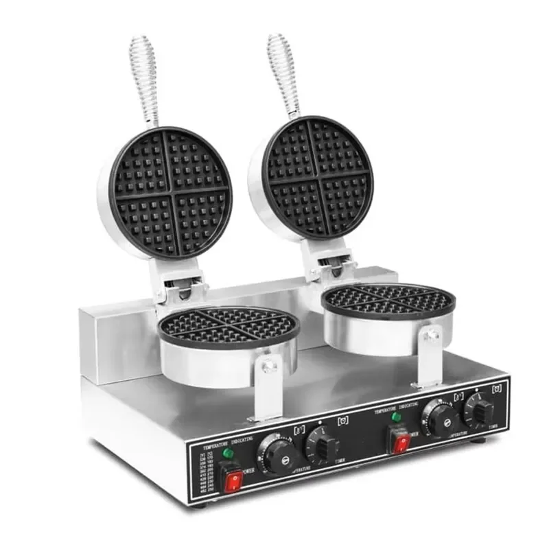 Commercial Double Head Electric Waffle Maker Stainless Steel Round Cake Iron 2.5KW for Cafe Restaurant Bakery Kitchen