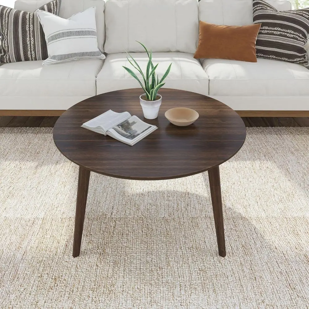 Mid Century Walnut Coffee Table, 36 Round Living Room Center Table, Ideal for Small Spaces