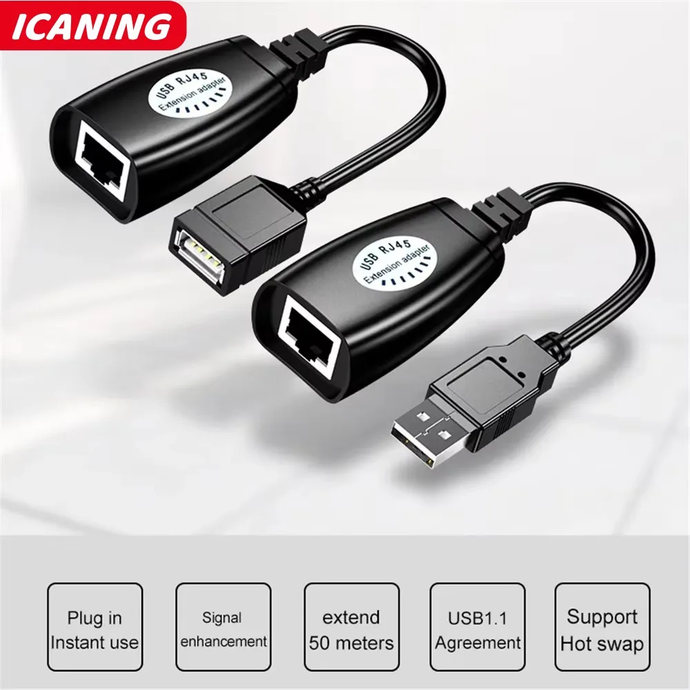 1pair USB to RJ45 LAN Cable Extension Adapter Extender Over Cat5 RJ45 Cat6 Patch Cord Black Networking Accessories image 2
