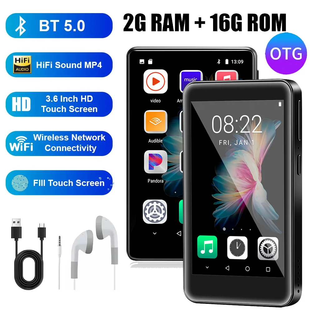 128GB WiFi MP4 Player Android 8.1 Streaming Bluetooth 5.0 3.6inch Full Touch Screen MP3 Music Players With Spotify 2GB ROM+16GB