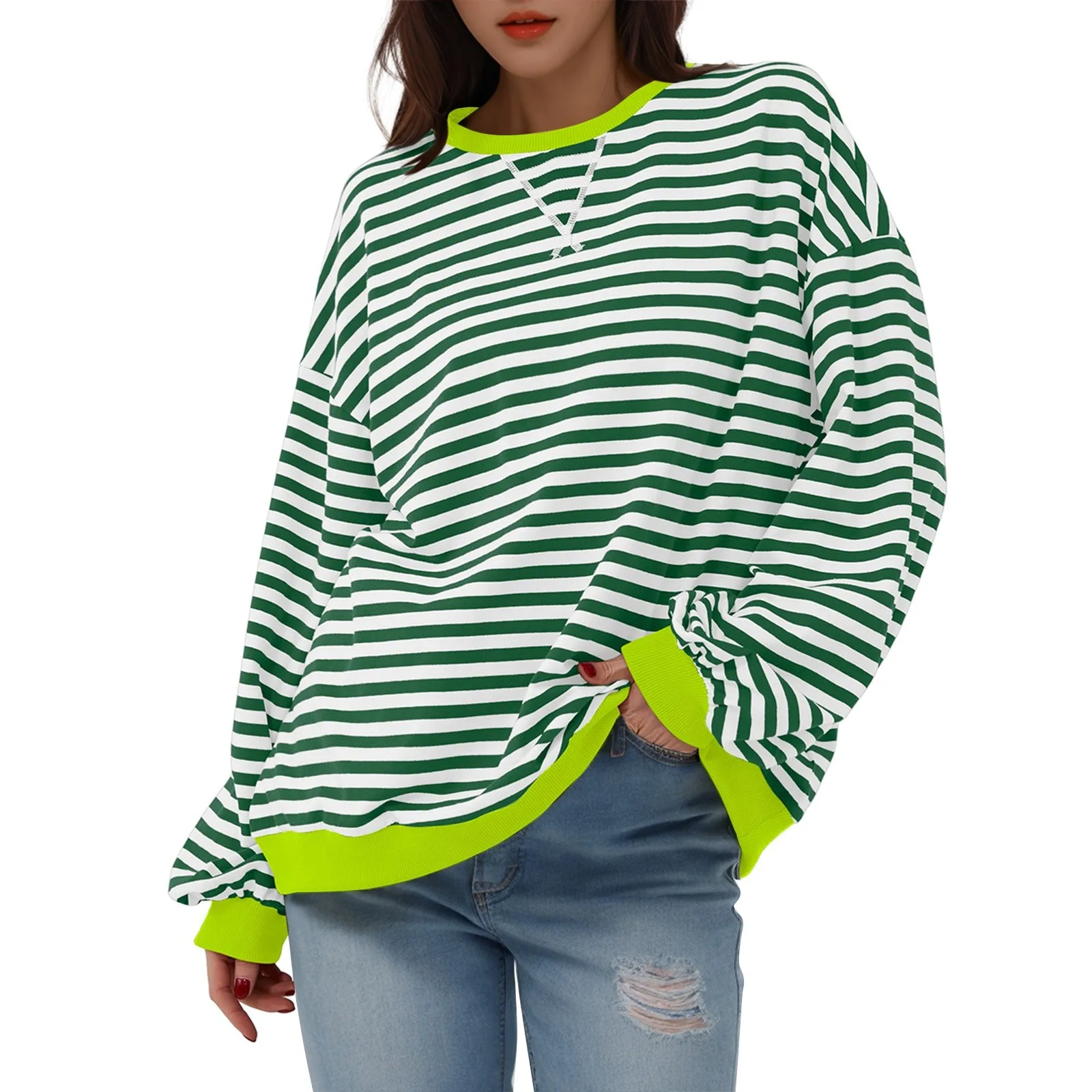 Women\'s Oversized Striped Color Blocking Long Sleeved Round Neck Sports Shirt Casual Loose Fitting Pullover Shirt Top