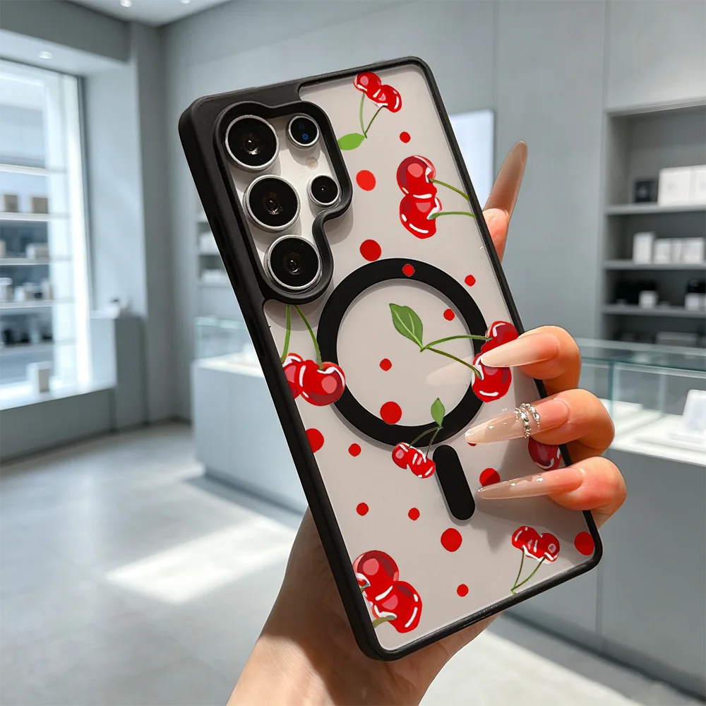 Red Cherries Pattern Anti-Yellow Magnetic Transparent Case For Samsung Galaxy S26 S25 S24 S23 S22 Ultra FE A17 A37 A57 Cover