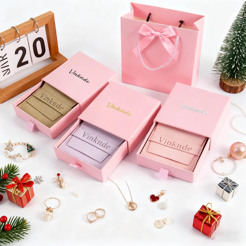 

Fashion Drawer Style Jewelry Packaging Box Necklace Earring Bracelets Case Custom Logo Wedding Christmas Velvet Gift Bag Pouch