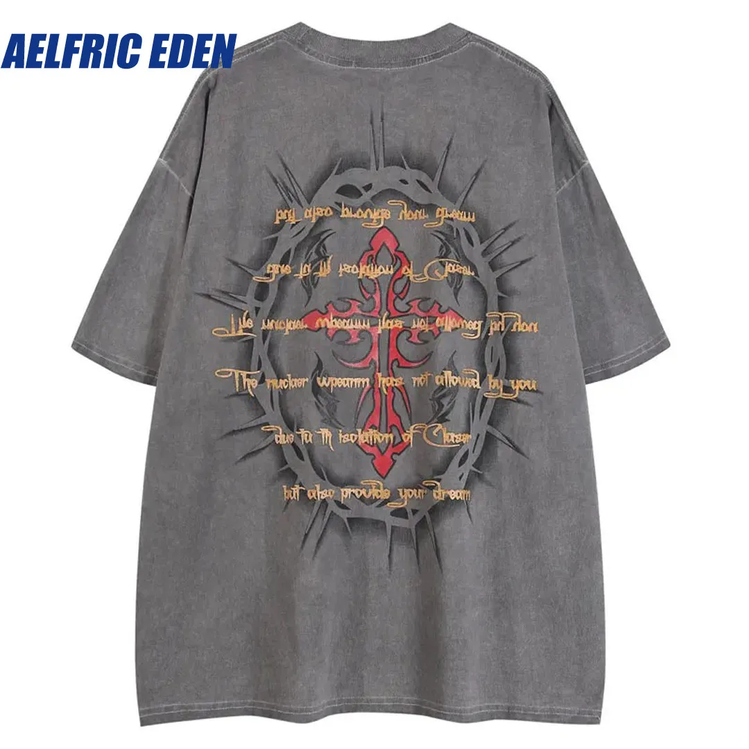 Aelfric Eden Vintage Oversized Tshirt Y2K Hip Hop Cross Letter Graphic Print Washed T-Shirts 2024 Harajuku Punk Gothic Loose Top