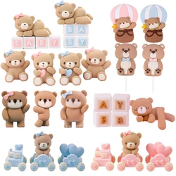 Bear Cake Toppers pink blue Bear Statue Doll Boy Girl Happy One 1st Birthday Cake Decoration Baby Shower Bear Theme Party Decors