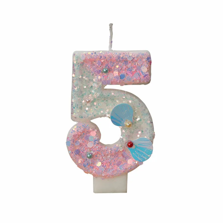 2025 그라데이션 핑크 쉘 숫자 양초 펄 장식 생일 케이크 토퍼 그라데이션 핑크 테마 도매 공급