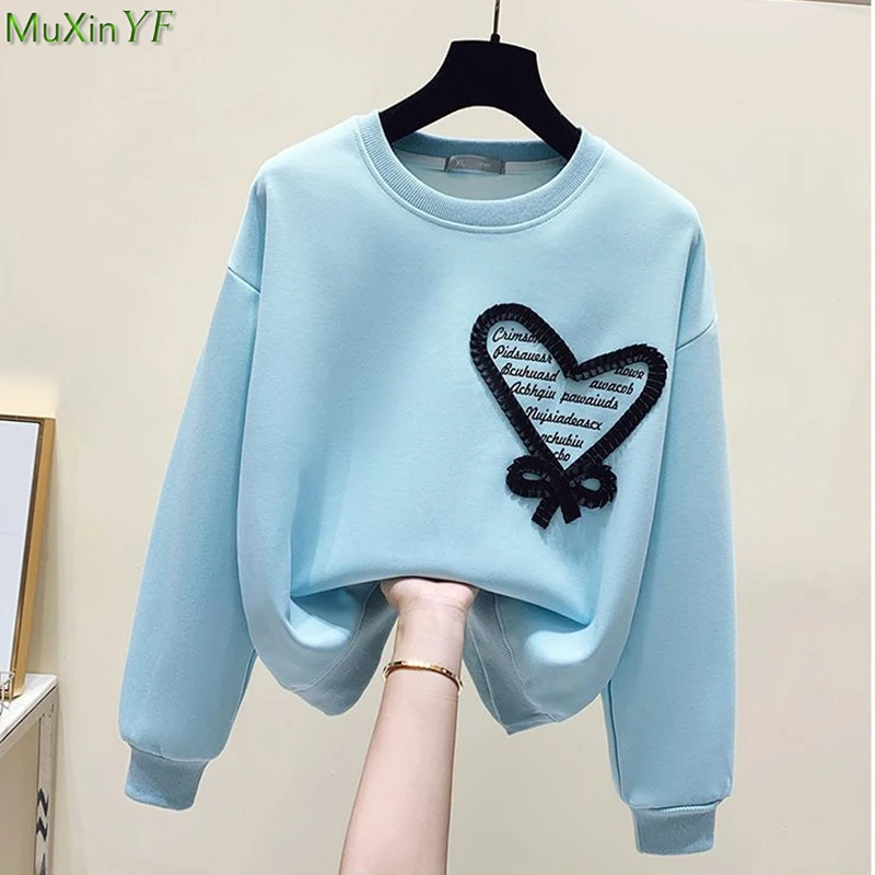 

Women's Simple Joker O-Neck Sweatshirts Spring Autumn 2024 Korean Fashion Heart Lettter Pullover Blue Long Sleeve Tops Female