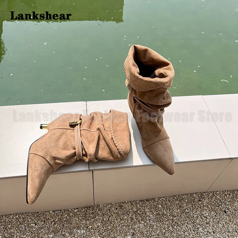 

Kitten Heel Wrinkled Straps Suede Ankle Boots Designer Style Pointed Toe Booties Women's High Increase Shoes Botas Mujer