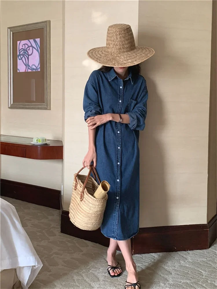 Spring Summer Women Casual Denim Shirt Dress Loose Long Sleeve Cardigan Dress Korea Ladies Womens Denim Shirt Long Dresses