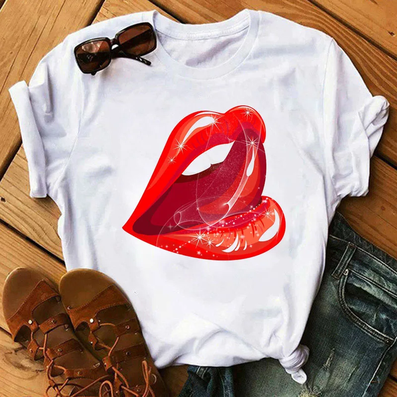 

Drooling Lips Print Women T Shirt Short Sleeve O Neck Loose Women Tshirt Ladies Tee Shirt Tops Camisetas Mujer