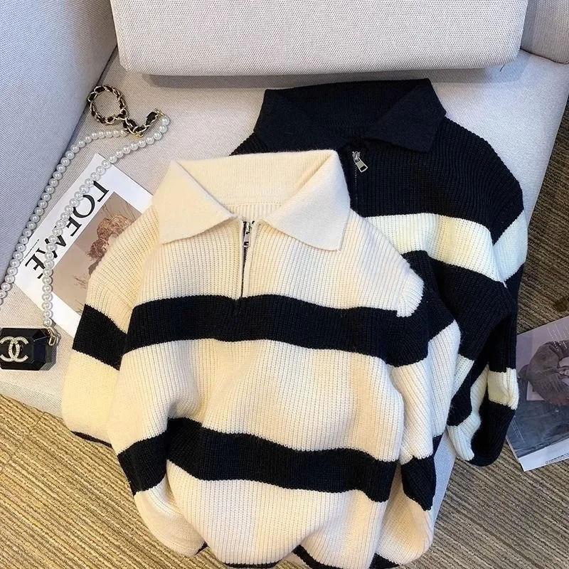 Prendas de punto holgadas con cuello tipo Polo para mujer, suéter Vintage de estilo coreano para primavera y otoño, Top de punto de ajuste cómodo a la moda