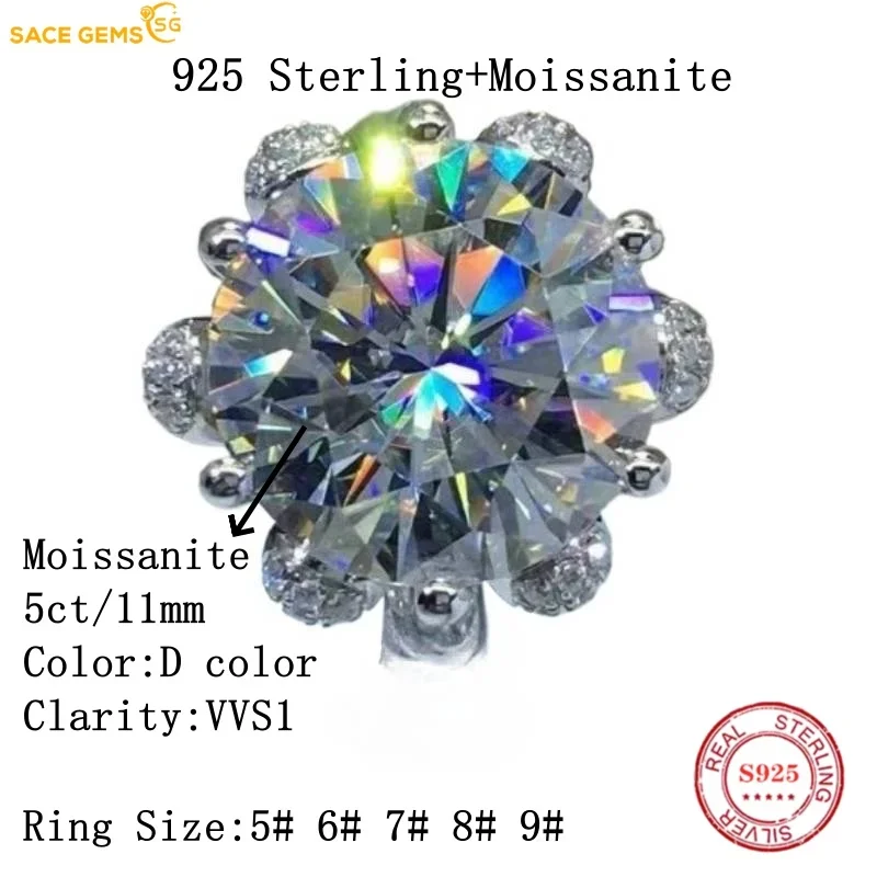 SACE GEMS ได้รับการรับรอง 5ct D สี Moissanite แหวน 925 เงินสเตอร์ลิงแหวนหมั้นงานแต่งงานเครื่องประดับ Fine