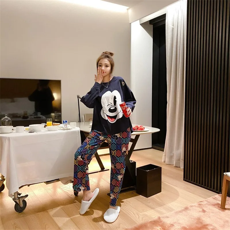 Disney 2pcs Cartoon Mickey Print Pajamas Long Sleeve Pants Ladies Spring and Autumn Cute Cartoon Home Clothes Warm Set Pajamas