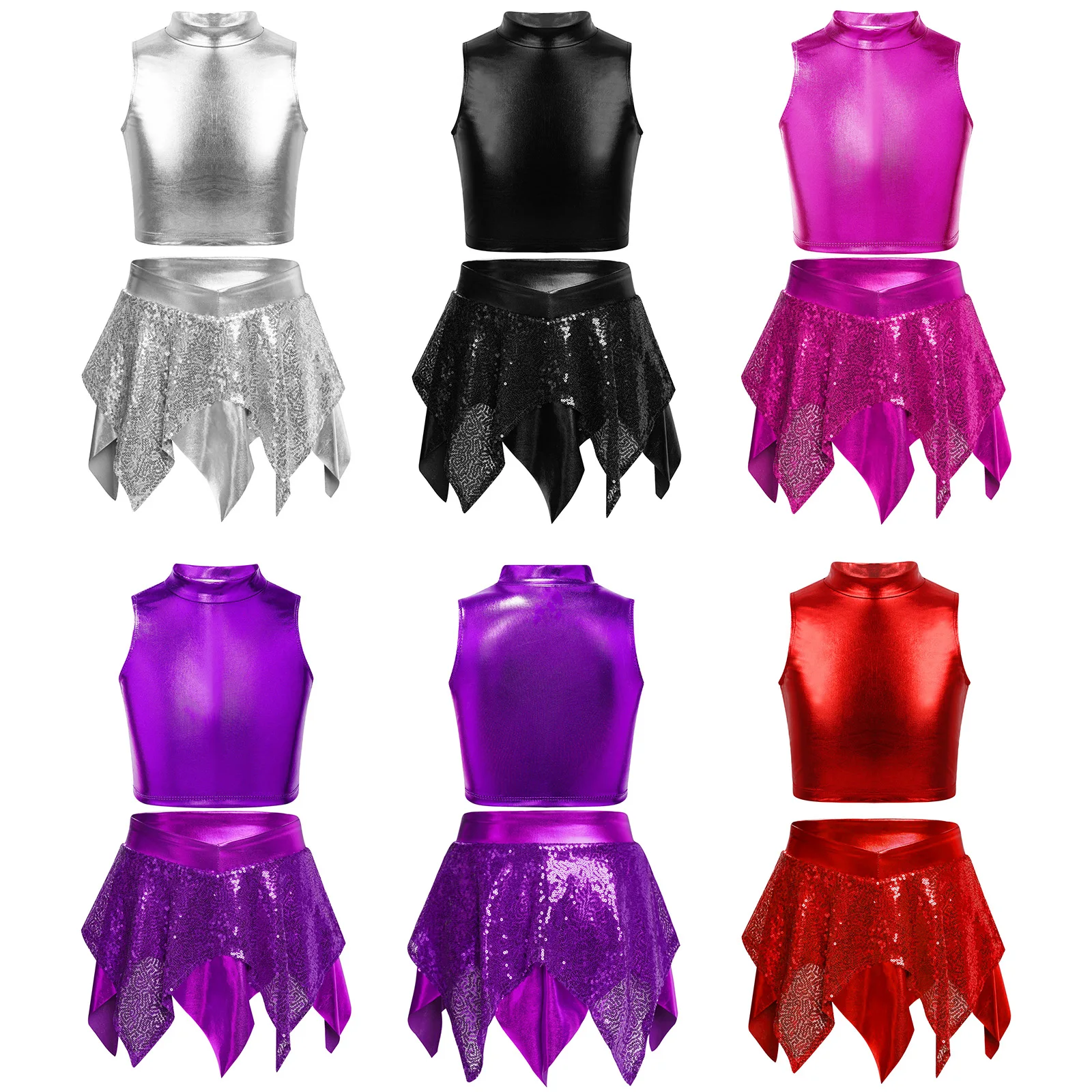 Kids Girls Jazz Dance Performance Costume Sleeveless Metallic Crop Tops Shiny Sequins Asymmetric Skirt Tango Latin Dance Outfits