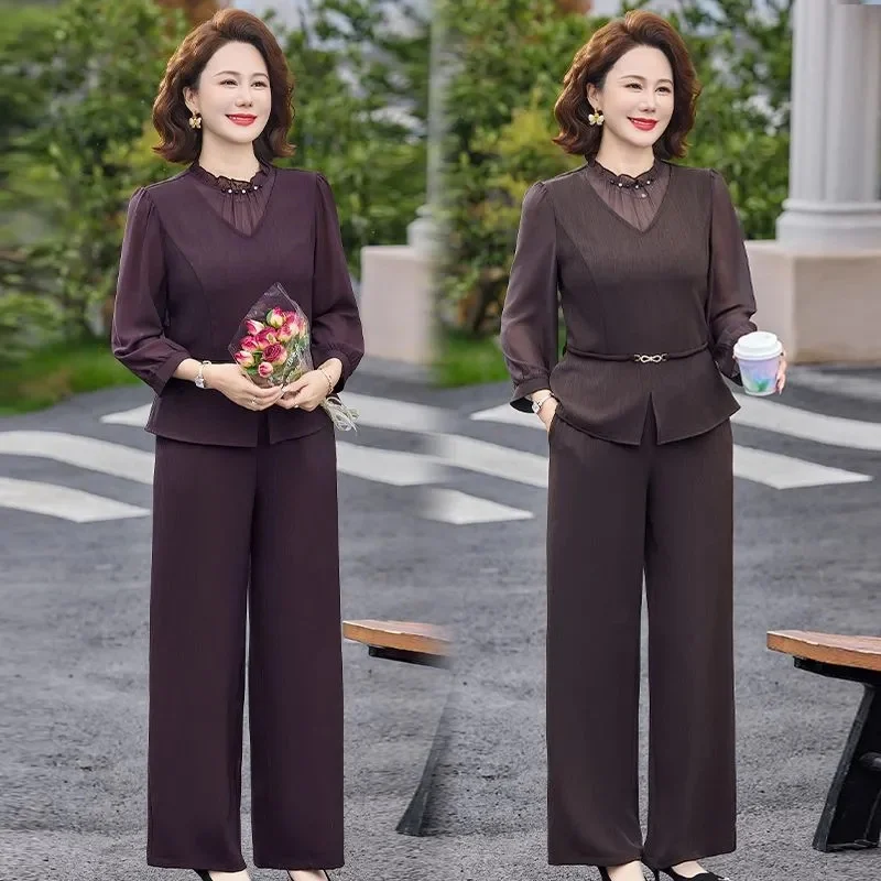 

Spring Female Shirt Pocket Two-piece Set Korean Ladies Short Sleeve Straight Leg Pants 2PCS Middle-aged Mom Large Size 5XL Suit