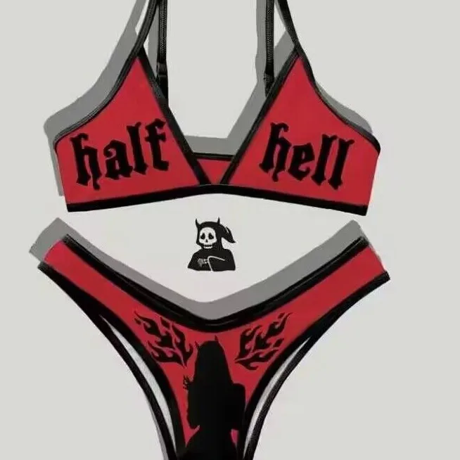 New Punk Gothic Letters Print Bikinis Set Sexy Bikini Women Skull Pattern V-neck Swimwear Fashion Swimsuit Bathing Suit