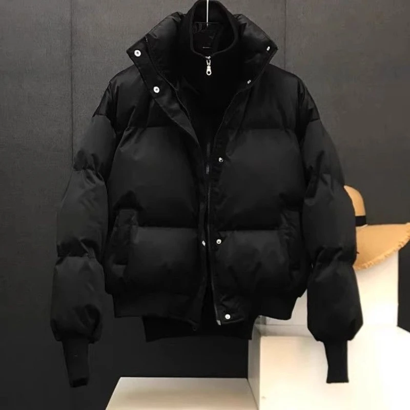 Winter Korean Style Men Puffer Jacket Fake Two Piece Thick Warm Stand Collar Cotton Coat Male Casual Solid Color Bubble Outwear
