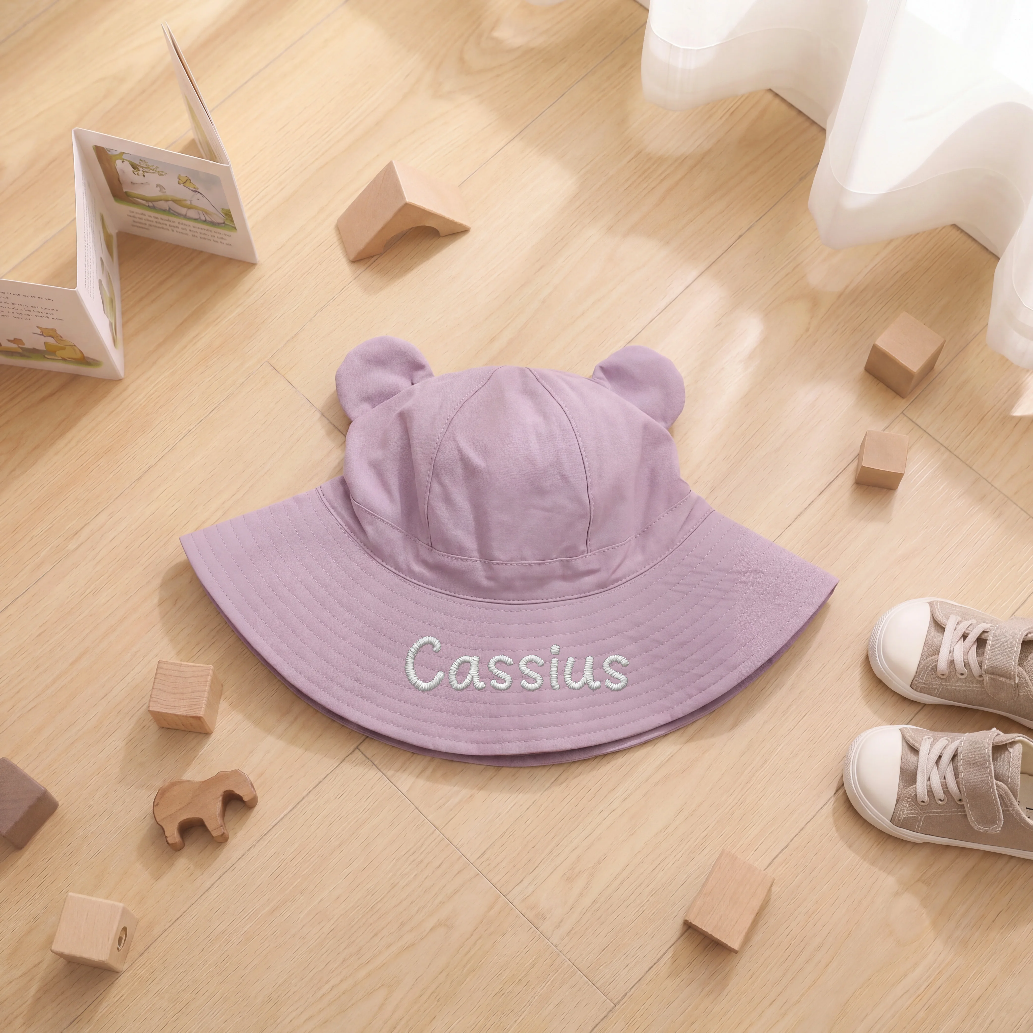1 PC Cute Bear Ear Personalized Toddler Sun Hat, Custom Name Embroidered Kids Wide Brim Bucket Ha