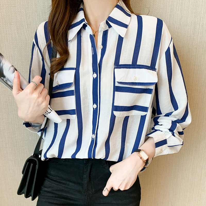 Stilvolles Damen-Hemd mit Knöpfen, klassische Langarm-Oberteile mit Kragen, Arbeit, Büro, Chiffon-Bluse, gestreifte Hemden mit Tasche, S-XXL