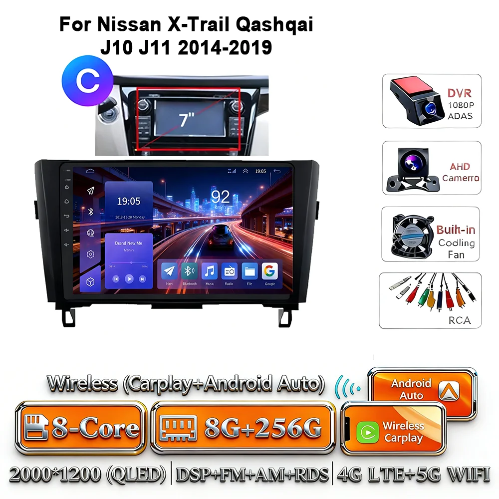 8-Core Android 17 2Din autoradio voor Nissan X-Trail Qashqai J10-J11 2014-2019 draadloze Carplay 4G GPS DSP BT dubbele lens