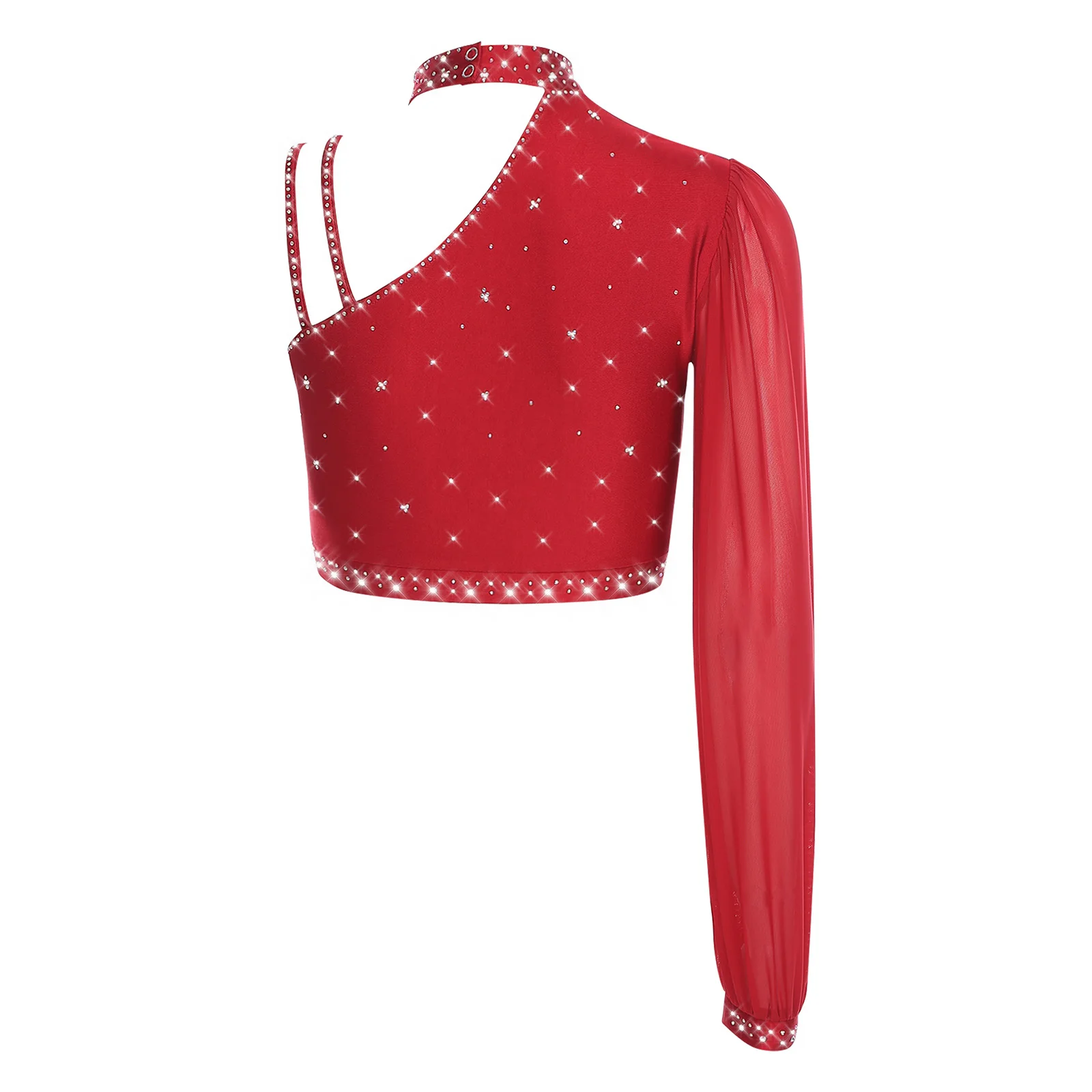 Zeitgenössisches lyrisches Tanz-Crop-Top für Damen, asymmetrisch, durchsichtiges Netz, langärmelig, glänzender Strassstein, Bühnenauftritte, Kostüm