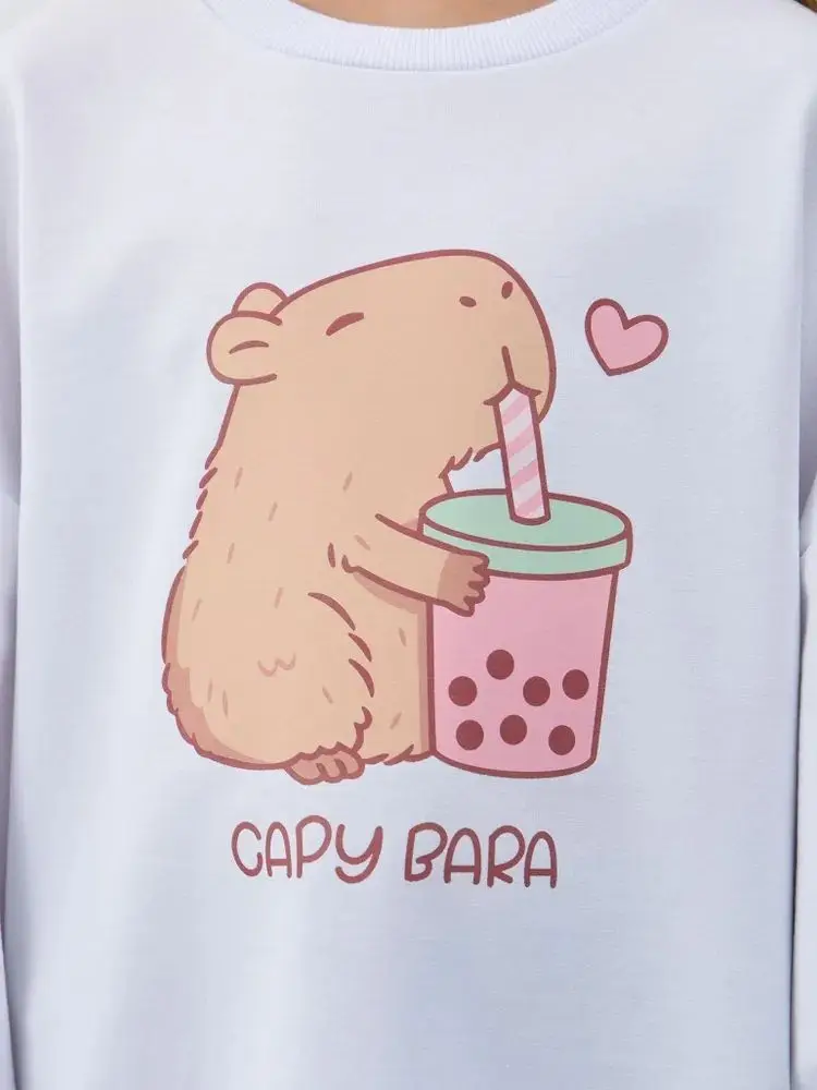 สาวรัสเซียน่ารักเสื้อสีขาวน่ารักกระรอกการ์ตูนพิมพ์เสื้อแขนยาว Oversize ขนาดใหญ่หญิงสาวสบายๆ