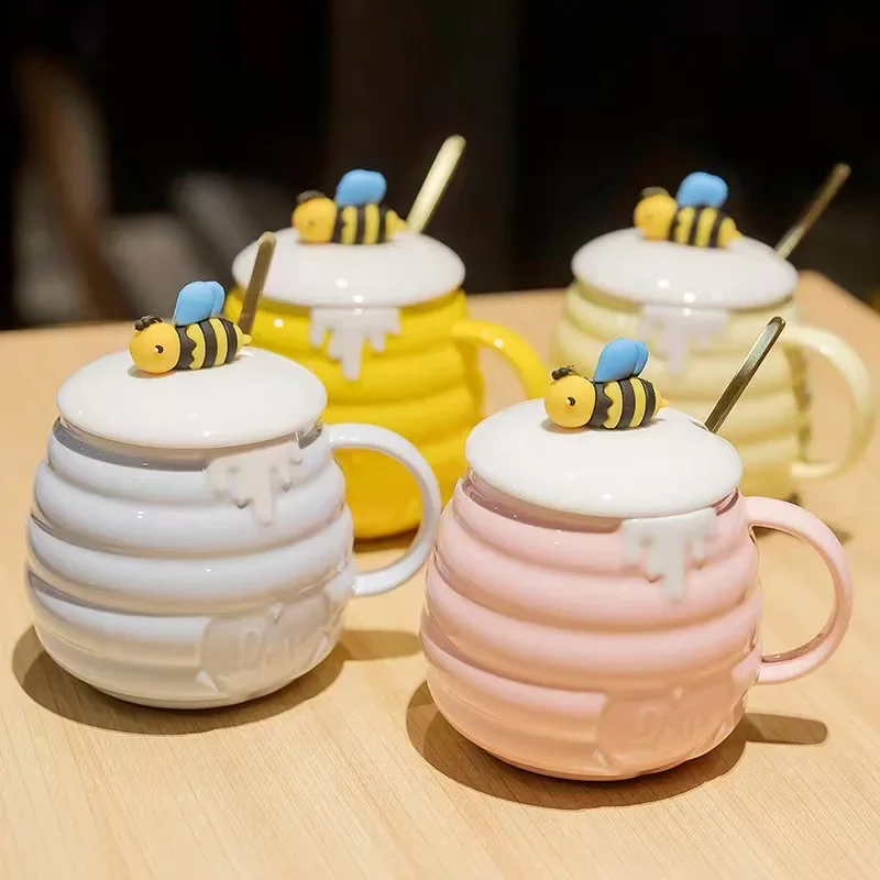 Bee Milk Mug With Spoon Lid Ceramic Coffee Cup Set Christmas Cups of to Go Drinkware for Tea Couple Gift