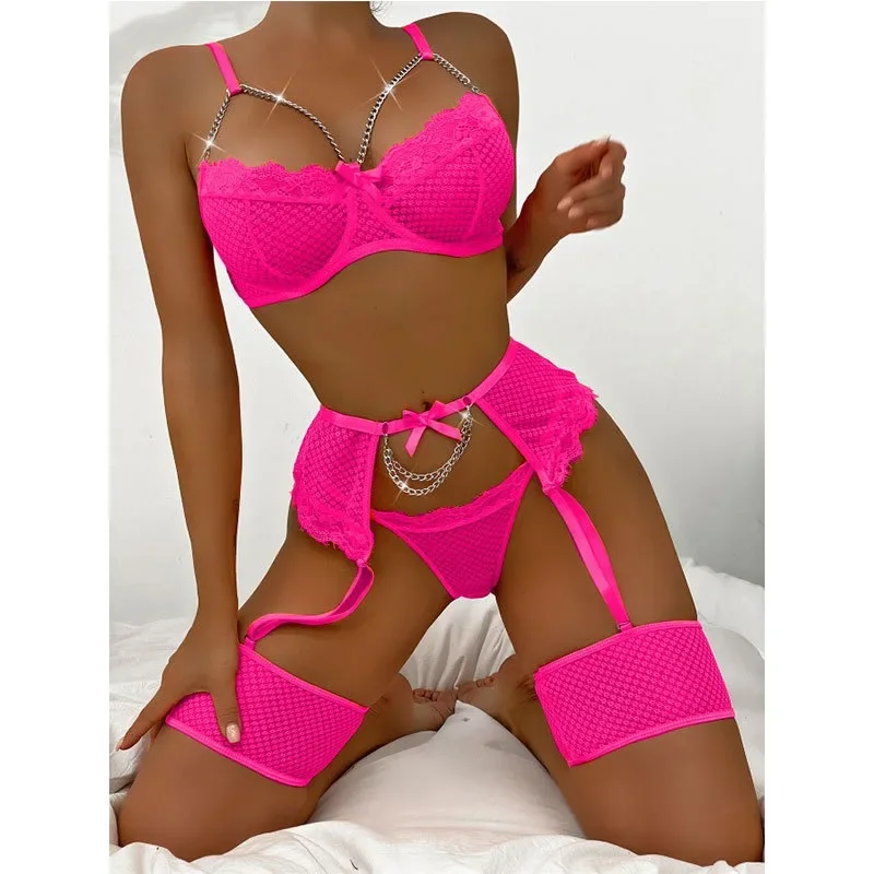 Sexy Lingerie Emotional Grid Stitching Eyelash Lace Chain Bow Garter Suit Sexy Bodysuit Lingerie High Waist Lingerie  Erotic