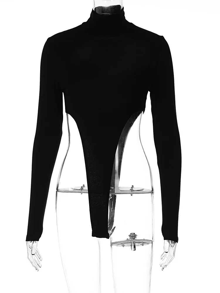 Sexy schwarze Langarm Roll kragen Bodysuit Frauen Körper hohes Bein aus geschnitten heißen Tanga Frauen Bodys