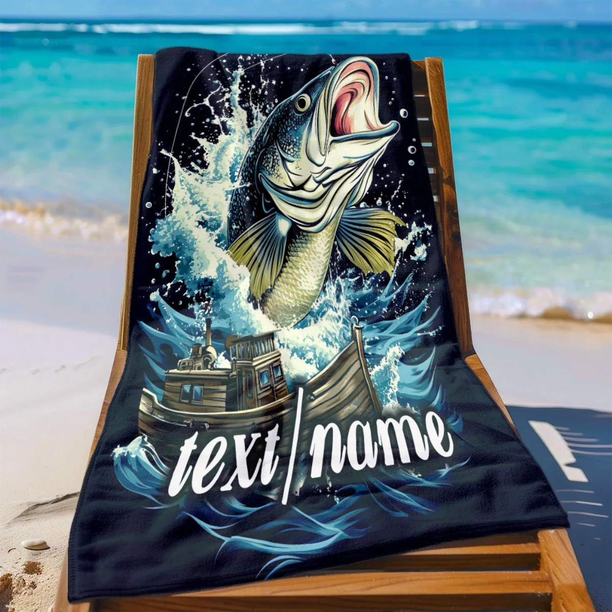 Custom Big Fish Beach Towel Personalized Name Fishing Lure Microfiber Bath Towel 160x80cm Soft Quick Dry