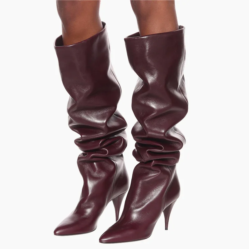 Pleated Solid Color Pointed Thin Heels Women Knee-high Boots Big Size 35-44 2020 Fashion Ladies Shoes Zapatos De Mujer