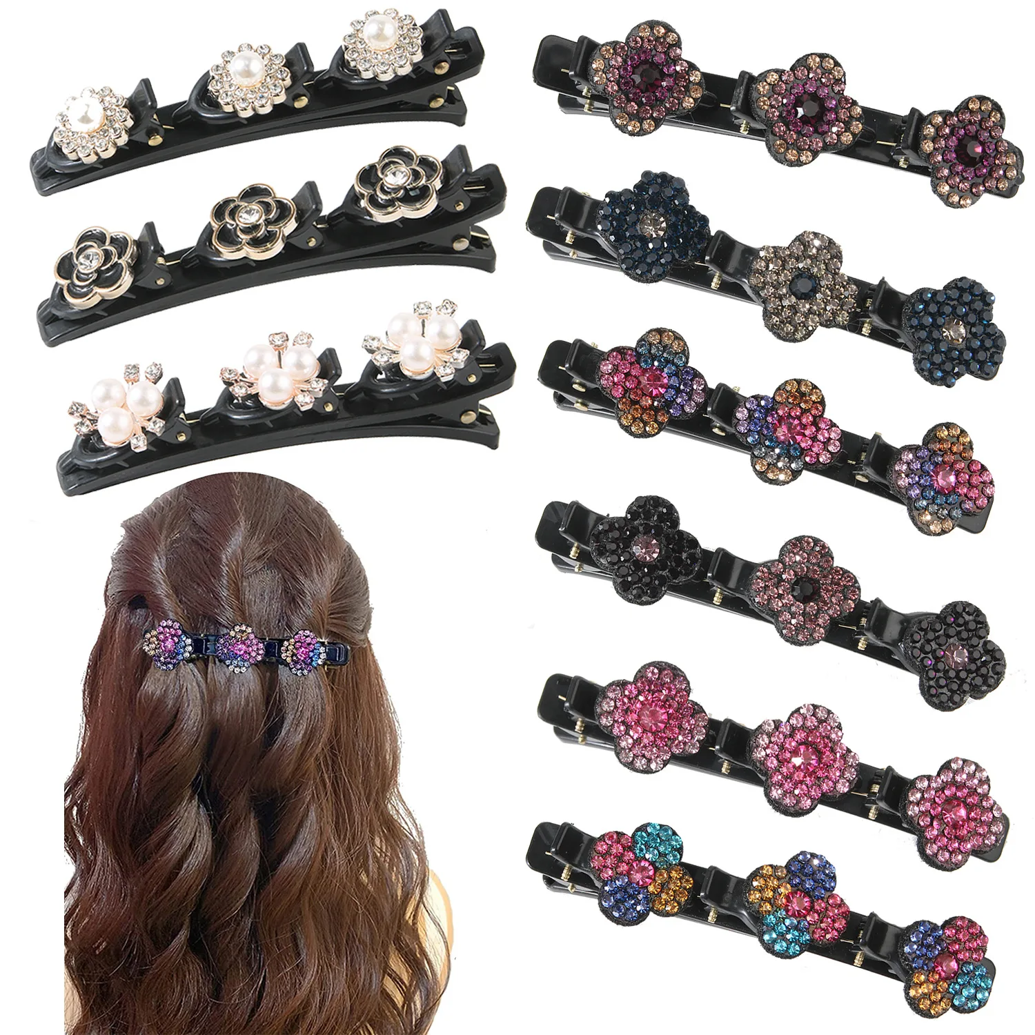 Fashion Crystal Stone Flowers Hair Clip Sparkling Braided Barrettes Hairpins For Women Girls Headwear Bangs Side Clip Bobby Pin