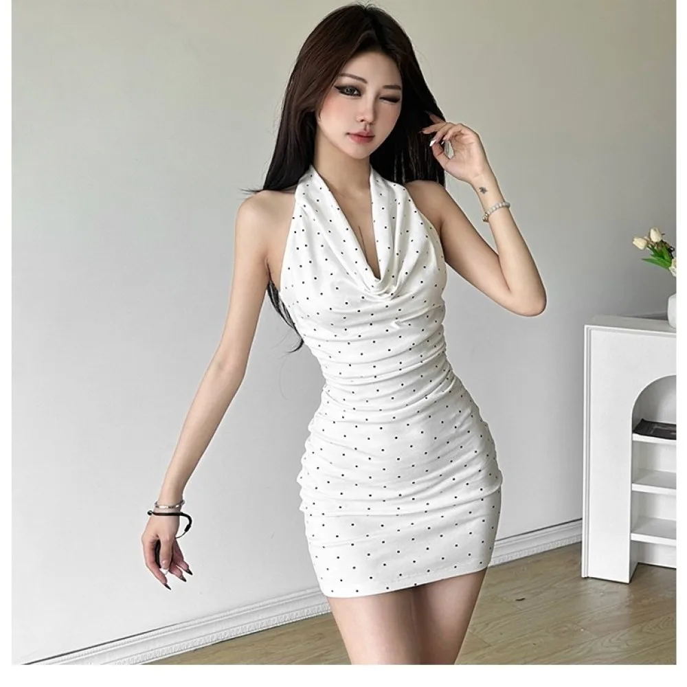 SylCue البولكا نقطة طباعة فستان قصير المرأة الرسن سوينغ طوق مثير قبالة الأكمام عارية الذراعين الحلو نمط موضة نحيل ملابس أنيقة