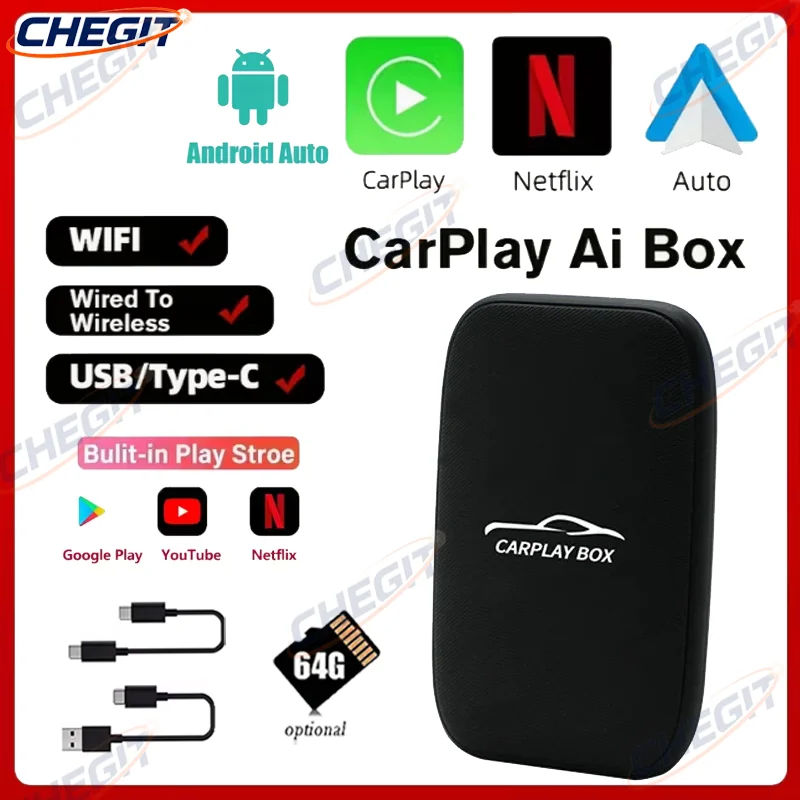

5в1 Android 14 CarPlay AI Box Беспроводной адаптер Carplay Android Auto 4-ядерные автомобильные интеллектуальные системы для Google YouTube Netflix