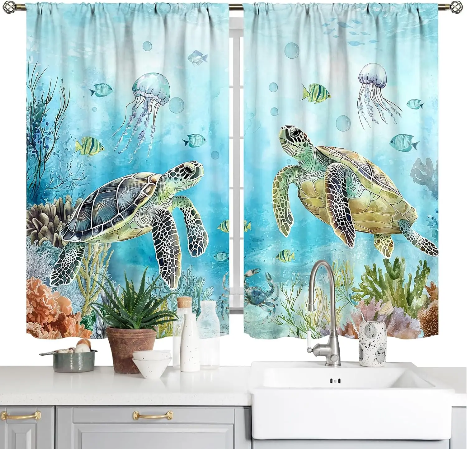 Cortinas de cocina de tortuga náutica, océano Tropical, playa, tortugas verde azulado, estrella de mar, Coral, cortinas cortas de café, decoración campestre, niveles para