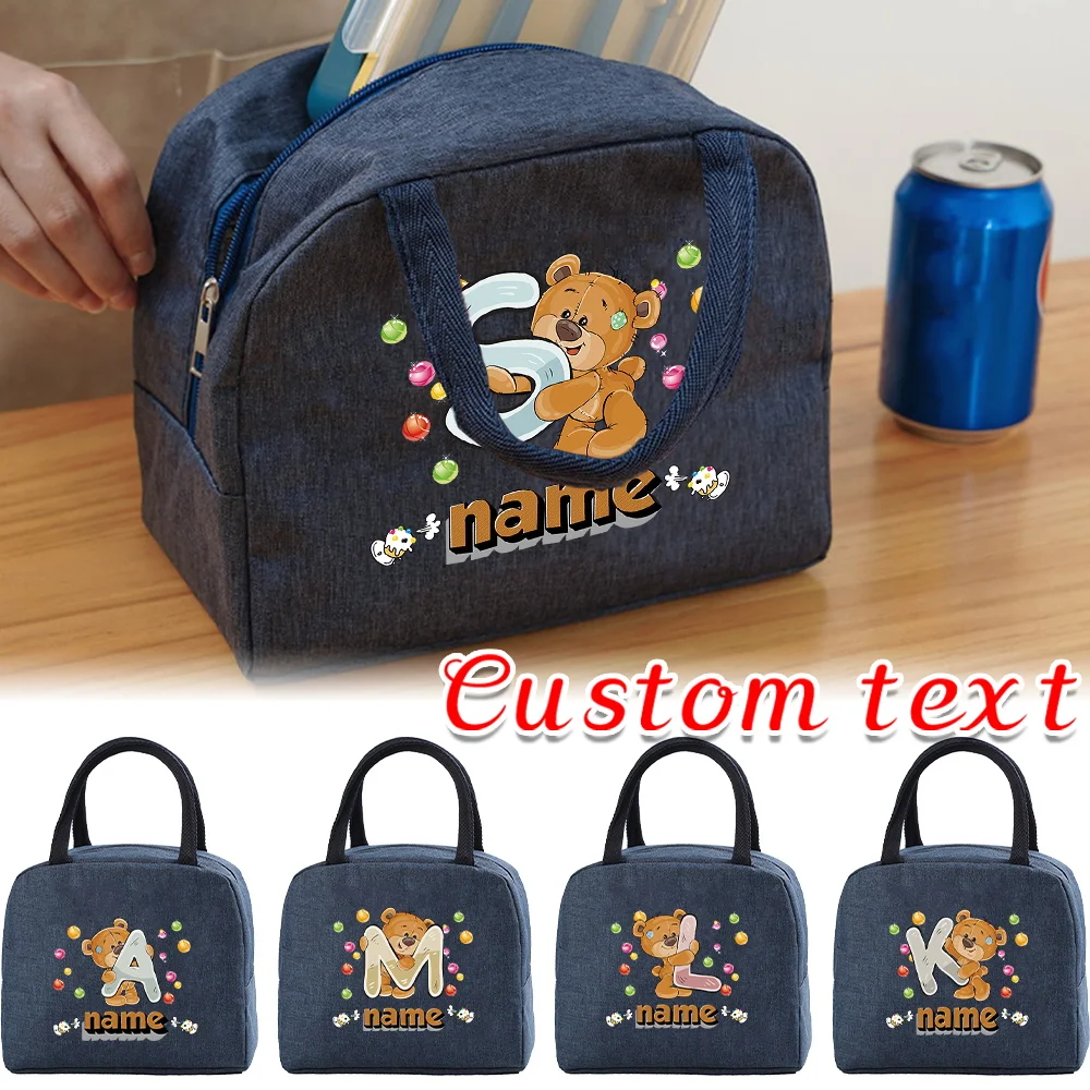 

Personalized Customization Name Blue Insulated Lunch Bag School Lunch Box Bag Practical Handle Bag Cartoon Bear Pattern