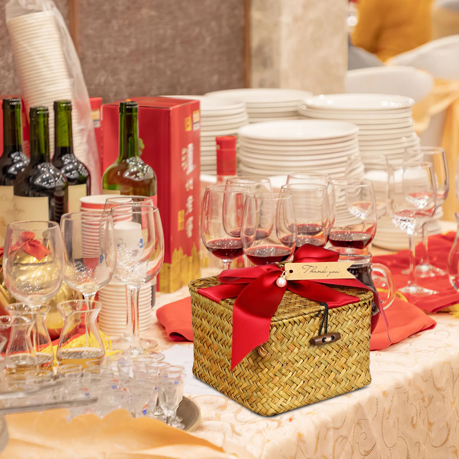 

Rattan Storage Basket with Lid Ribbon Geometric Laundry Basket Makeup Organizer for Bathroom Living Room Kitchen Woven Storage