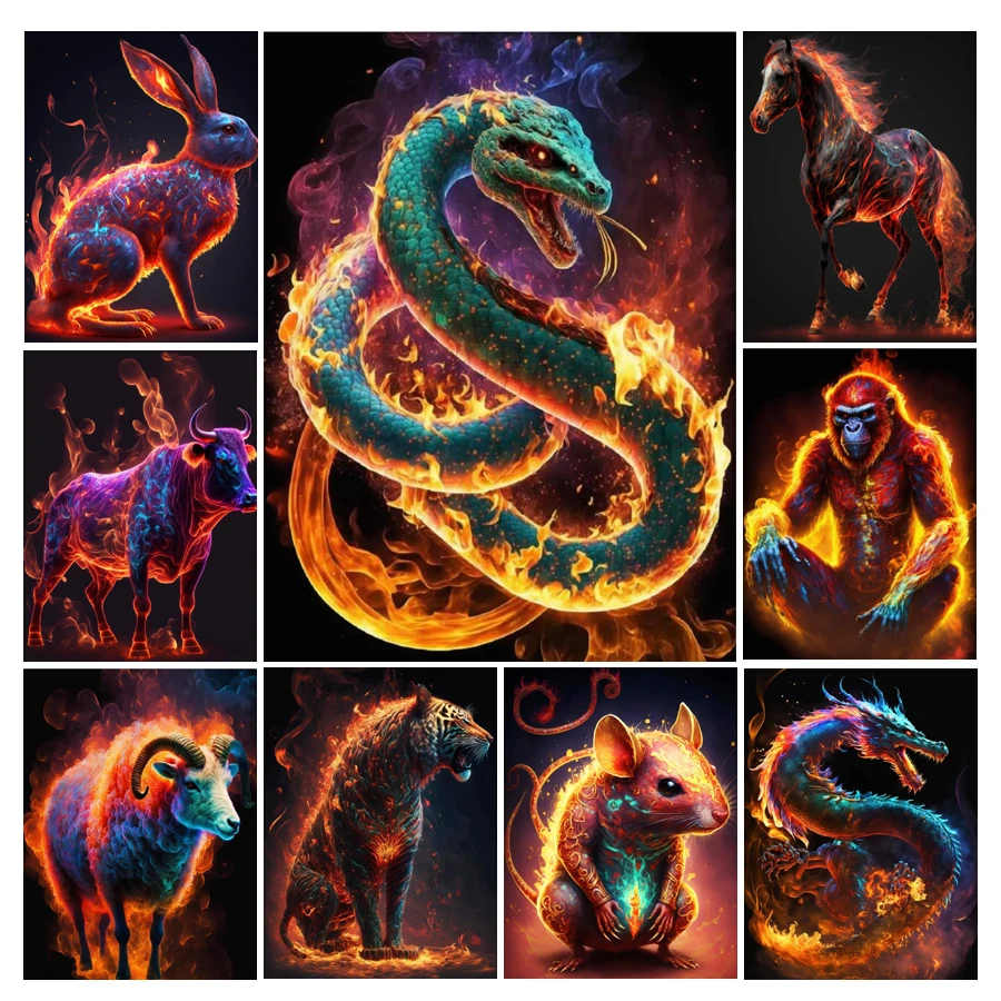 Snake and Dragon Diamond Painting New Collection 2023 Flame Animal Orangutan Mosaic Arts Rhinestone Embroidery Picture AA4670