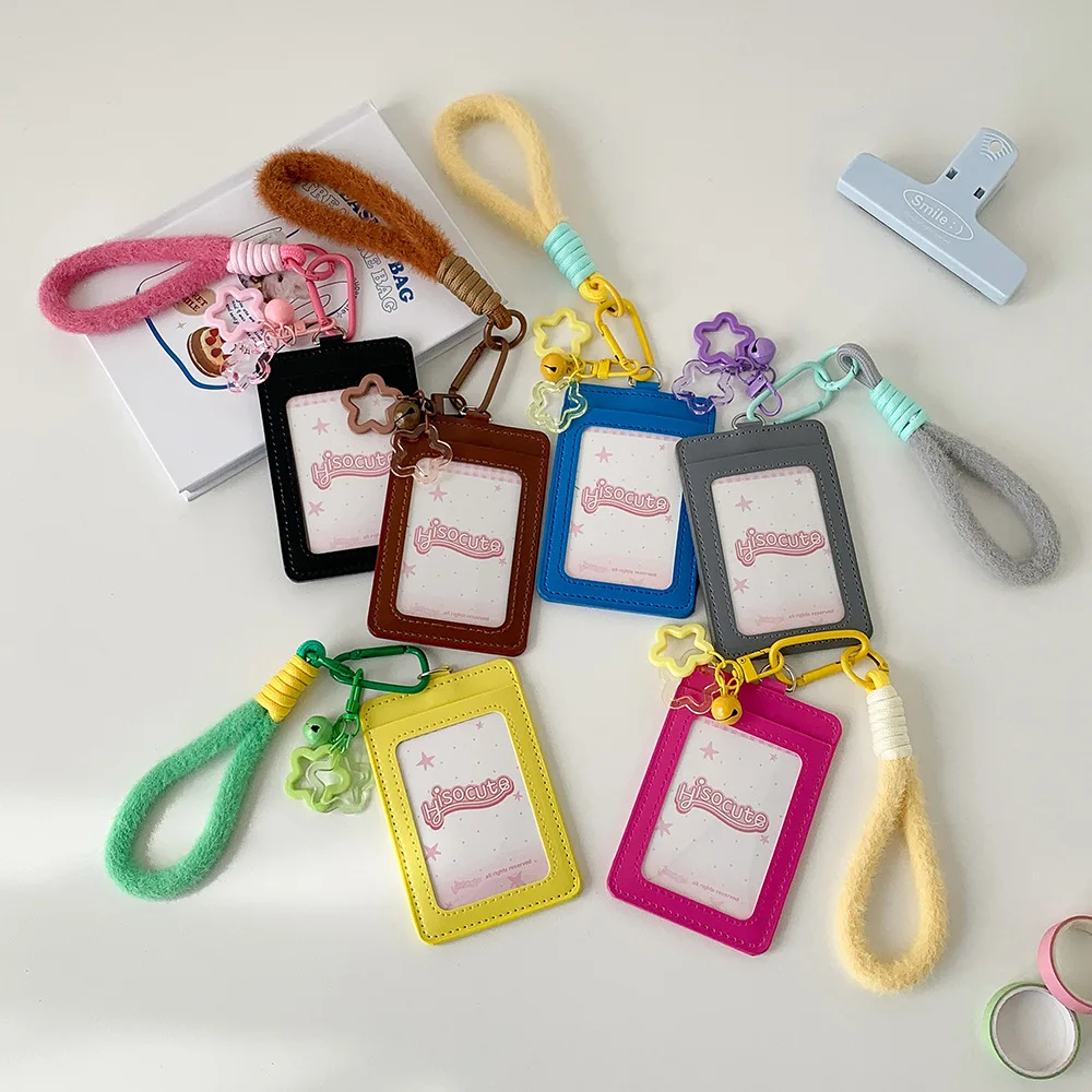 Solid Color Lanyard Card Holder Kpop 3 Inch Photocard Display Case Student Leather School ID Pouch