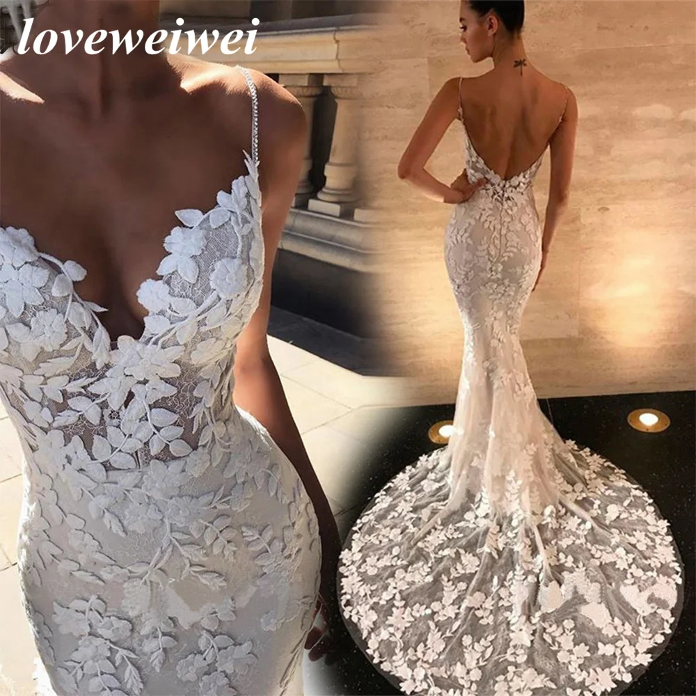 Suknie ślubne Boho Mermaid suknia ślubna 2022 paski Spaghetti Backless koronkowe aplikacje plaża Bride suknie Vestido De Noiva