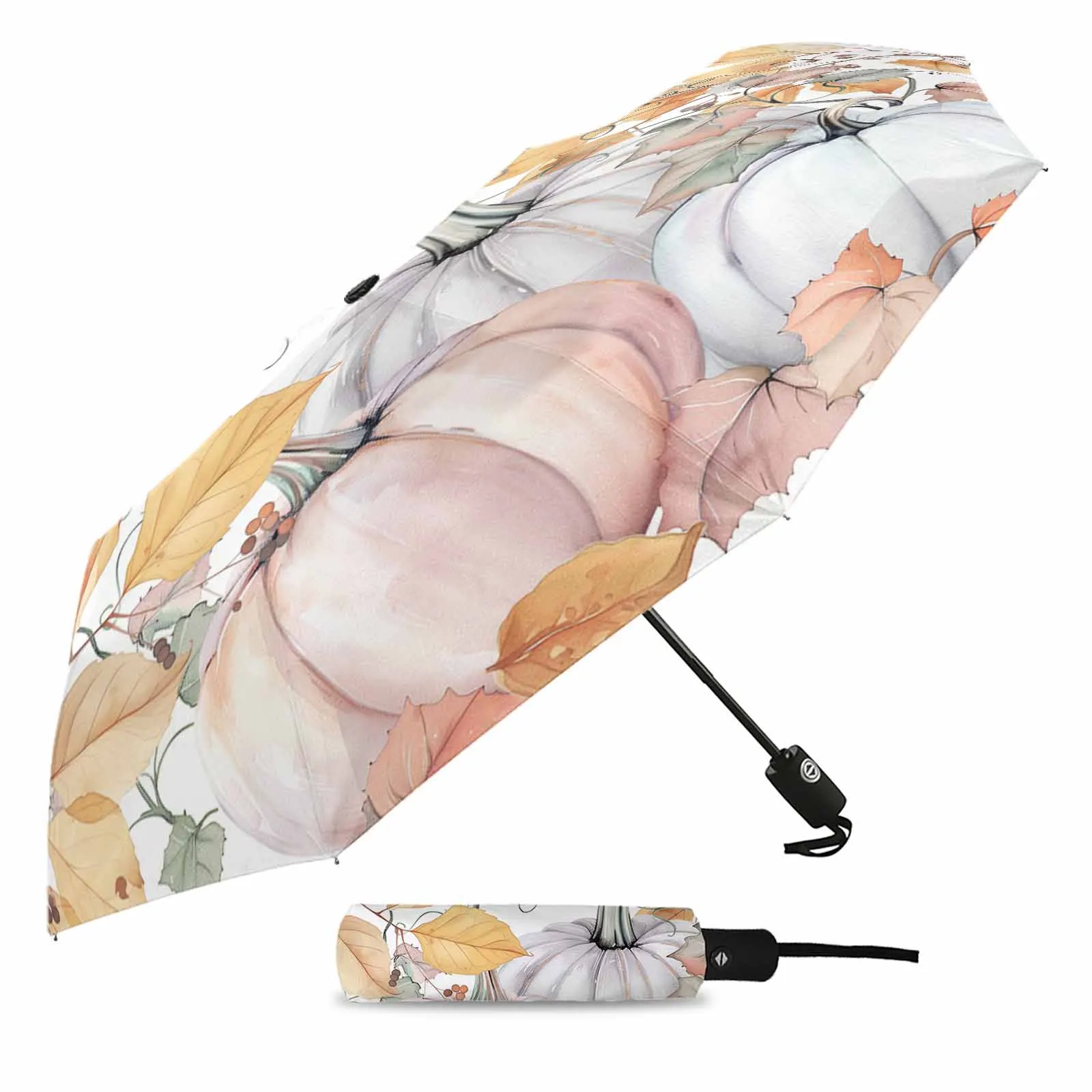 Pumpkin Watercolor Leaves Flower Automatic Umbrella for Rain Foldable Parasol Umbrella Eight strand Outdoor Umbrellas