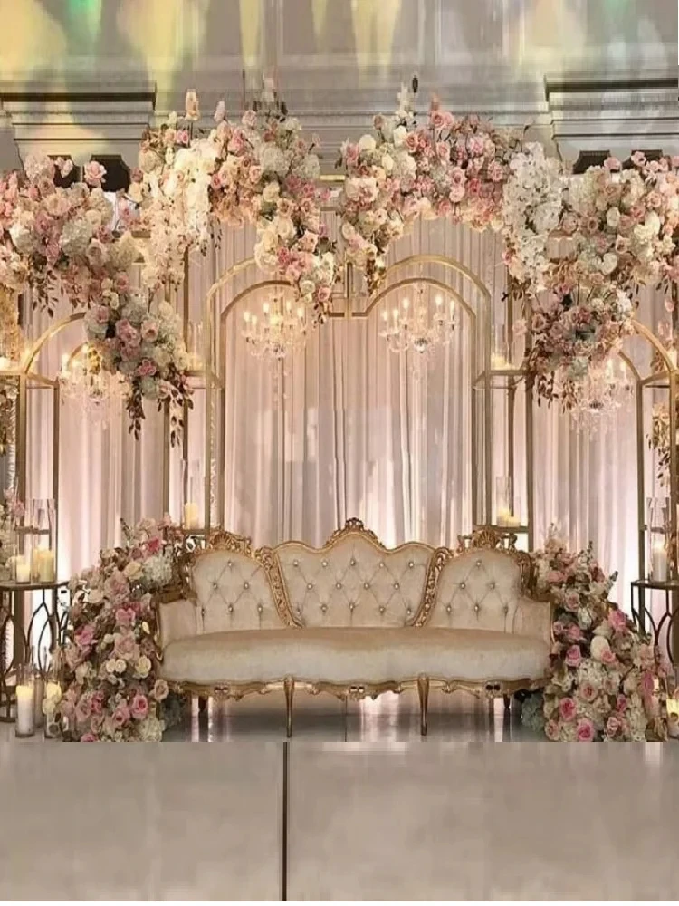 3-teiliges, glänzend vergoldetes 2,2 m langes quadratisches Hintergrundregal, geometrischer Blumenbogen für Hochzeiten, Türständer, künstliche Floristenbedarf. – Detail 19