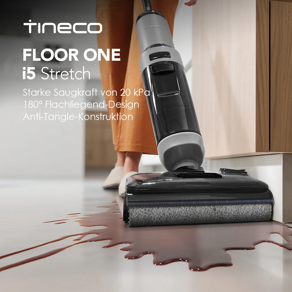 Tineco FLOOR ONE i5 Stretch Nass Trockensauger, 2‑in‑1 Saugen & Wischen, 180° Lay-Flat Waschsauger, 20kPa Saugkraft, Beidseitige Kantenreinigung, 30 Min Laufzeit, Anti-Tangle staubsauger für Tierhaare