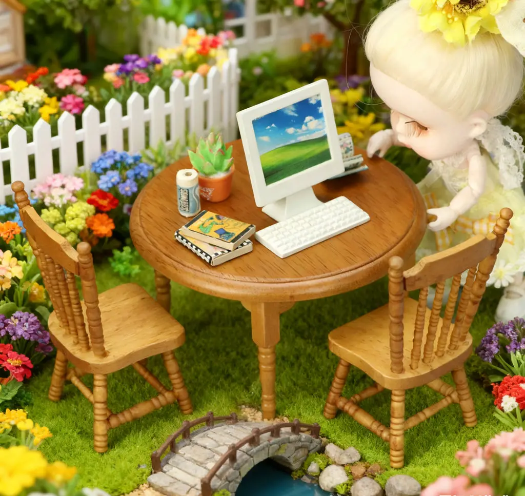 Mini móveis para casa de bonecas 1:12, mesa e cadeiras de madeira maciça castanha inspiradas por IA, decoração de mini cena de madeira para casa de bonecas