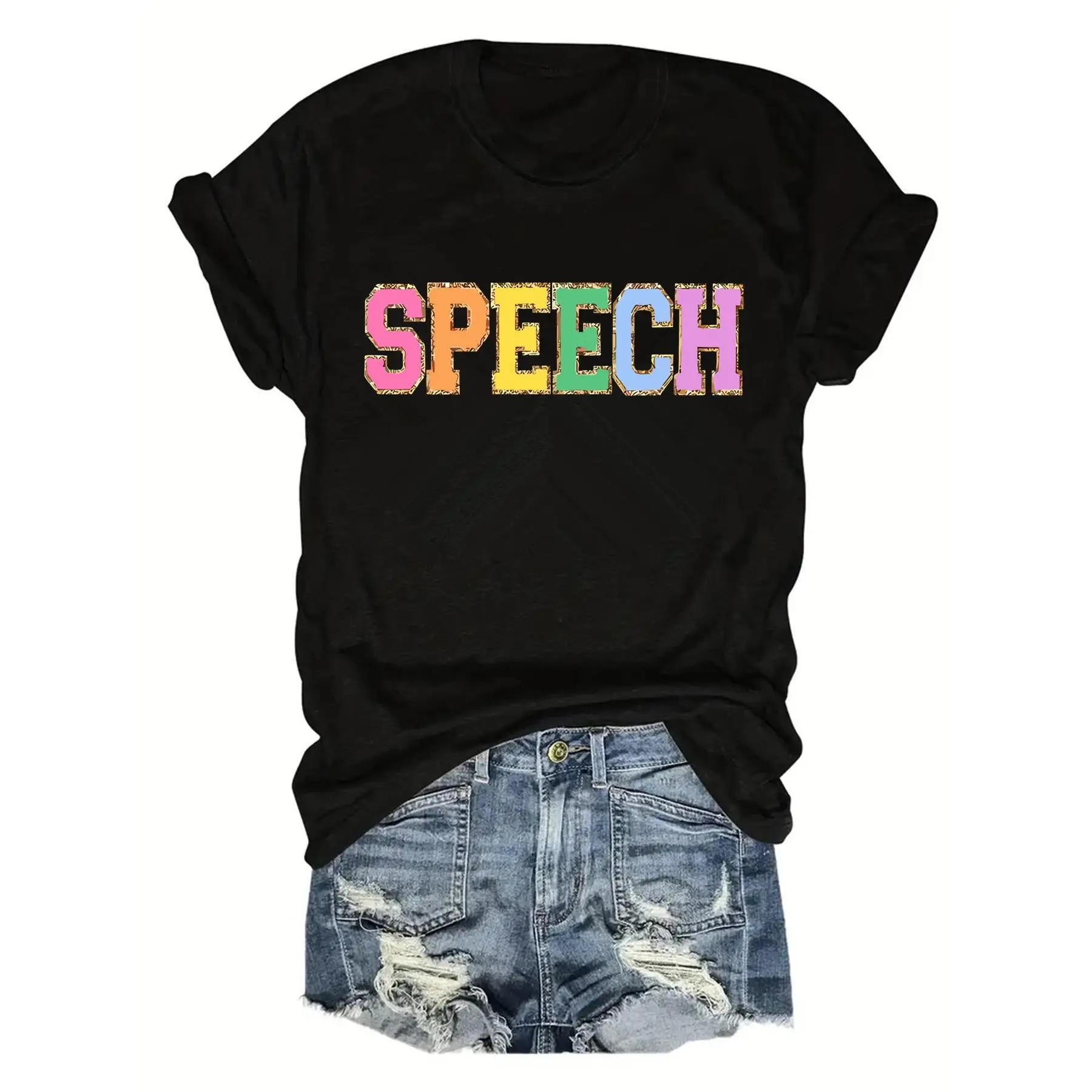 

"Colorful Letter Speech T Shirt Women Casual Graphic Tee Short Sleeve Tops Teacher Student Gift School Outfit"
