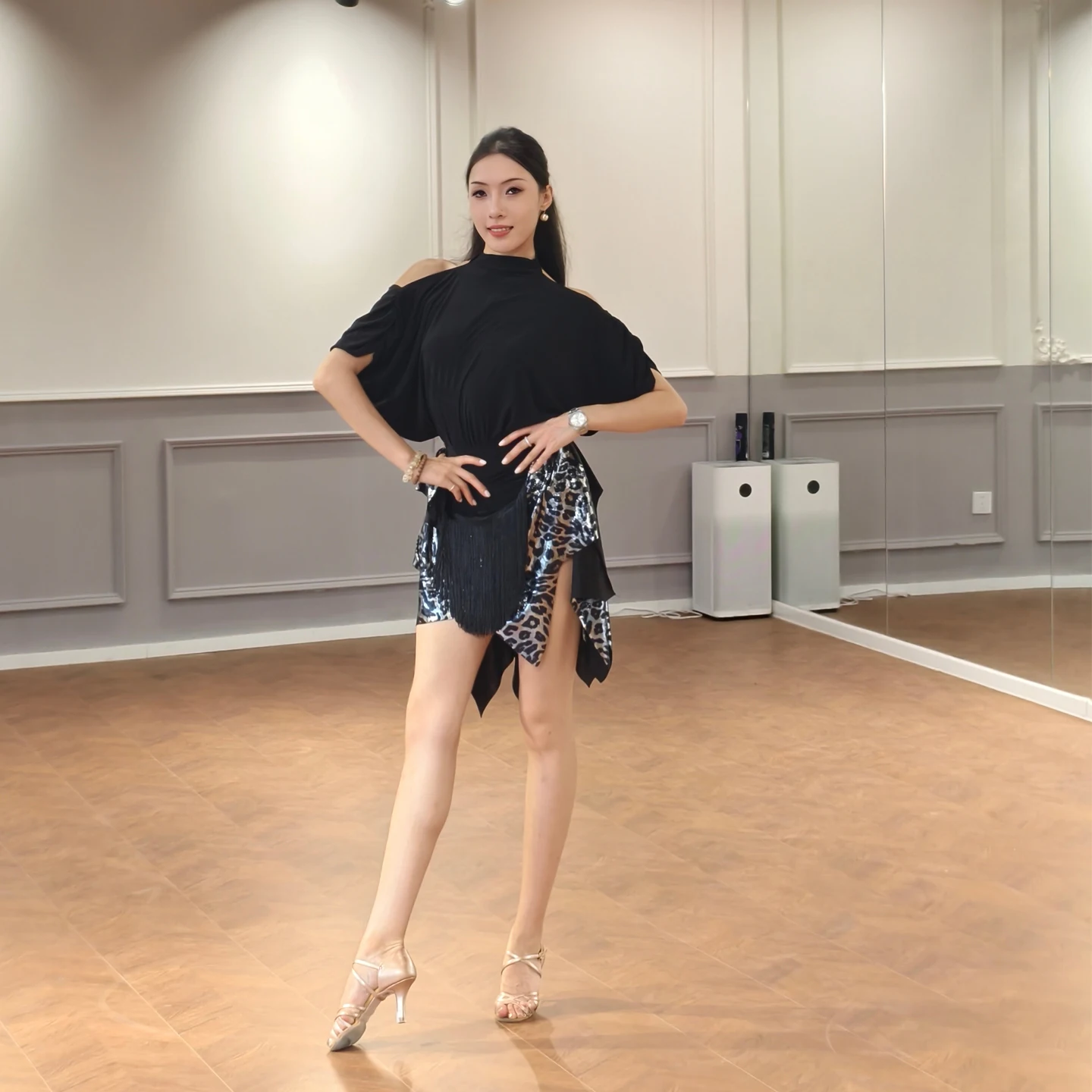 Nueva falda de baile latino con cintura alta y falda adelgazante con flecos y estampado de leopardo falda de práctica de tango samba chacha