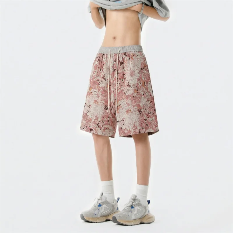 Summer Shorts Men Fashion Retro Pink Printed Shorts Men Streetwear Loose Flower Shorts Mens Beach Shorts Large Size 4XL